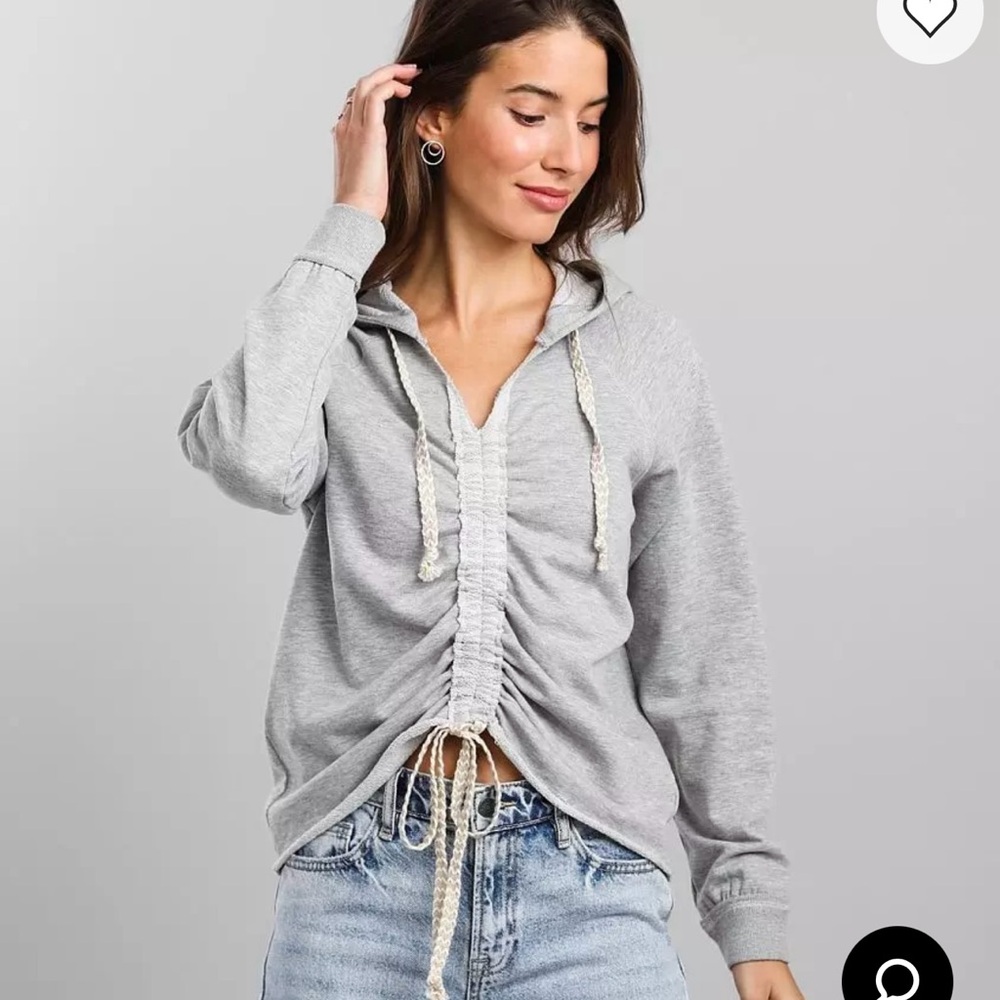 BKE Gray Ruched Tie Front Long Sleeve Hoodie